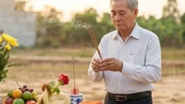 Người đàn ông lớn tuổi thắp hương đọc văn khấn mượn tuổi động thổ trước mâm lễ tại khu đất trống