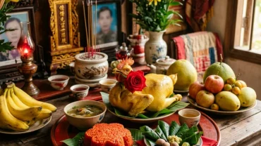 Gia đình chuẩn bị mâm lễ vật và đọc văn khấn nhận con nuôi trước ban thờ gia tiên để trình báo thành viên mới