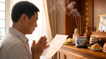 Người cha đứng nghiêm trang trước bàn thờ gia tiên đọc văn khấn nhận con nuôi trong không gian linh thiêng