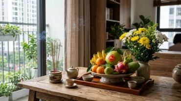 Mâm cúng ngũ quả và hương hoa được bày biện tươm tất để gia chủ đọc văn khấn nhập trạch khi chuyển về nhà mới