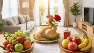 Mâm lễ cúng trang trọng cùng bài văn khấn nhập trạch được chuẩn bị tươm tất trong không gian nhà mới