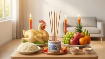 Gia chủ đang thắp hương đọc bài văn khấn nhập trạch lấy ngày trước mâm cúng trang trọng tại nhà mới