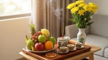 Mâm cúng ngũ quả và nhang đèn chuẩn bị cho lễ cúng và đọc văn khấn nhập trạch nhà chung cư