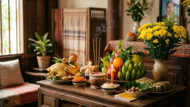 Mâm lễ cúng và bài văn khấn nhập trạch nhà mới được chuẩn bị tươm tất trên bàn thờ