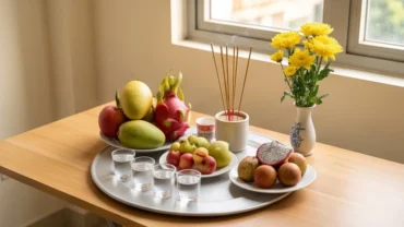 Mâm lễ cúng tươm tất chuẩn bị cho nghi thức đọc văn khấn nhập trạch nhà thuê tại phòng trọ