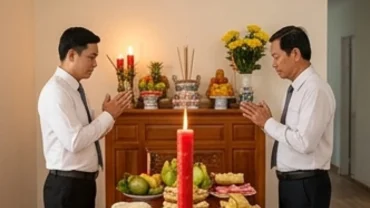 Gia chủ và người mượn tuổi cử hành nghi thức đọc văn khấn nhập trạch sau khi mượn tuổi trước ban thờ khang trang
