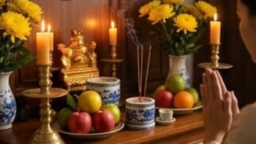 Gia chủ thành tâm chắp tay đọc văn khấn Nôm tại nhà trước bàn thờ gia tiên khang trang và ấm cúng