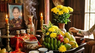 Mâm lễ cúng gia tiên tươm tất cạnh cuốn sách văn khấn nôm truyền thống được bày biện trang nghiêm trên ban thờ gỗ