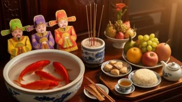Mâm cỗ cúng ông Công ông Táo ngày 23 tháng Chạp với cá chép đỏ và giấy tiền vàng mã trang trọng