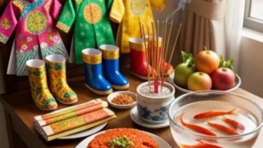Mâm lễ chuẩn bị cùng văn khấn ông Công ông Táo tại nhà trang nghiêm với đầy đủ áo mũ, hương hoa và cá chép đỏ