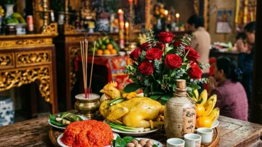 Mâm lễ mặn và sớ dâng trong nghi thức đọc văn khấn ông hoàng bảy tại đền Bảo Hà với hoa tươi và hương trầm