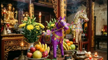 Mâm lễ vật truyền thống tươm tất kết hợp cùng văn khấn ông Hoàng Mười cầu tài lộc