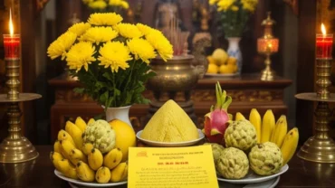 Mâm lễ vật trang nghiêm sắc vàng cùng sớ điệp và văn khấn Ông Hoàng Mười tại đền thờ linh thiêng