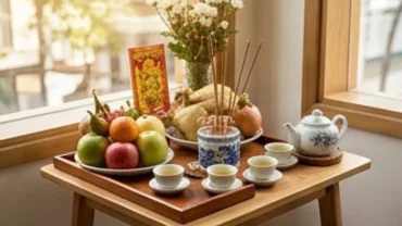 Mâm lễ cùng bài văn khấn ông Táo tại cửa hàng được chuẩn bị trang nghiêm trên bàn thờ Thần Tài để cầu tài lộc.