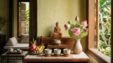 Mâm lễ chay thanh tịnh và hoa tươi được chuẩn bị tươm tất cho nghi thức đọc văn khấn phật tại gia