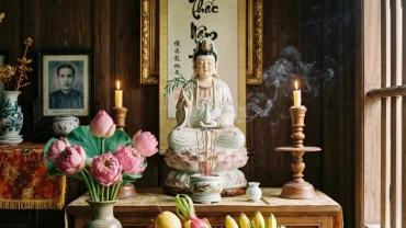 Mâm lễ chay thanh tịnh và không gian trang nghiêm để đọc văn khấn phật bà quan âm tại gia
