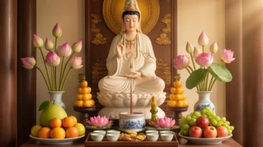 Tín đồ chắp tay thành kính đọc văn khấn Phật Bà Quan Âm tại chùa trước mâm lễ tịnh tài tịnh vật