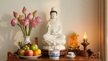 Không gian chuẩn bị đọc văn khấn Phật Bà Quan Âm tại nhà với bàn thờ trang nghiêm, hoa sen và ánh nến