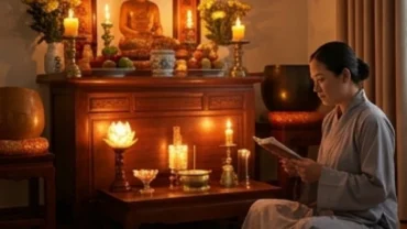 Gia chủ chắp tay trang nghiêm đọc văn khấn Phật hàng ngày trước ban thờ tại gia