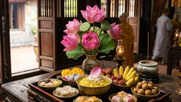 Mâm lễ chay thanh tịnh được bày biện trang nghiêm làm lễ vật khi đọc văn khấn phật tại chùa cầu bình an