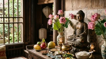 Không gian bàn thờ thanh tịnh và mâm lễ chay chuẩn bị cho nghi thức đọc văn khấn Phật tại gia