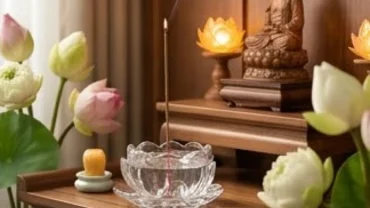 Mâm lễ trang nghiêm dâng lên bàn thờ để đọc văn khấn Phật tại gia mùng 1 âm lịch