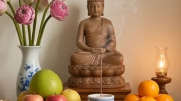 Không gian trang nghiêm thanh tịnh chuẩn bị cho nghi thức đọc văn khấn Phật tại gia ngày rằm với hoa sen