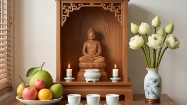 Mâm lễ chay tinh khiết và không gian thờ trang nghiêm để đọc văn khấn Phật tại nhà