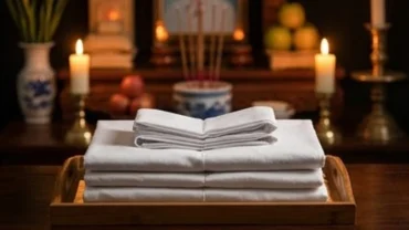 Mâm lễ vật và áo xô khăn tang màu trắng được xếp gọn gàng trước bàn thờ vong trong nghi thức văn khấn phát tang