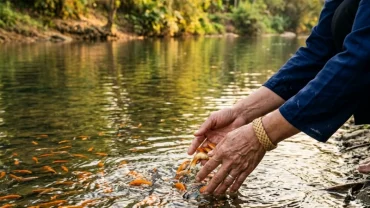 Cảnh thả cá chép xuống dòng sông tự nhiên tại Việt Nam kết hợp đọc bài văn khấn phóng sinh đúng cách