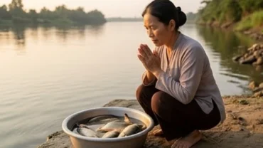 Người phụ nữ chắp tay đọc văn khấn phóng sinh rằm tháng 7 trước chậu cá chép bên bờ sông thanh tịnh