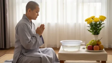 Gia chủ thành tâm đọc văn khấn phóng sinh tại nhà trước mâm lễ đơn giản, mang lại sự bình an cho muôn loài
