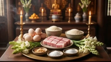 Mâm lễ đồ sống chuẩn bị cho nghi thức đọc văn khấn Quan Đệ Tam tại Đền Tam Kỳ gồm trứng vịt, thịt lợn mồi