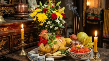 Mâm lễ vật dâng đền Bảo Hà cùng bản văn khấn quan hoàng bảy chuẩn truyền thống đặt trang trọng trên bàn thờ