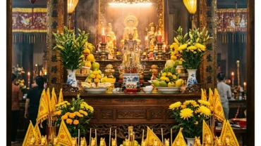 Mâm lễ vật màu vàng truyền thống dùng trong nghi thức đọc văn khấn quan hoàng mười tại đền
