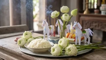 Mâm lễ màu trắng dâng cùng bài văn khấn Quan Lớn Đệ Tam tại Đền Lảnh Giang được bày biện trang nghiêm