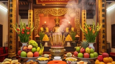 Mâm lễ vật trang nghiêm dâng lên đền cùng bài văn khấn Quan Lớn Tuần Tranh chuẩn truyền thống