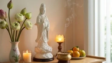 Bàn thờ Phật Bà Quan Thế Âm Bồ Tát trang nghiêm tại gia với hương khói và ánh đèn ấm áp