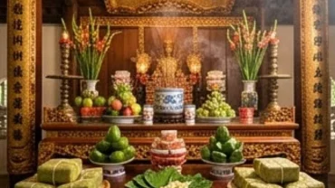 Mâm lễ vật chay trang nghiêm dâng lên Đền Quốc Mẫu Âu Cơ để cầu bình an
