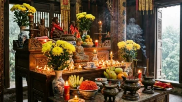 Mâm lễ chay thanh tịnh đặt trước chính điện đền Thượng cùng bản văn khấn Quốc Mẫu Tây Thiên chuẩn xác
