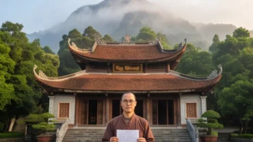 Người hành hương thành tâm đọc văn khấn Quốc Mẫu Tây Thiên tại không gian linh thiêng của Đền Thượng trên đỉnh núi Tam Đảo