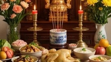 Mâm cỗ tươm tất dâng lên bàn thờ gia tiên đi kèm với văn khấn rằm tháng 10 chuẩn xác