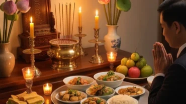 Người chủ gia đình mặc trang phục chỉnh tề đang chắp tay đọc văn khấn rằm tháng 7 trước bàn thờ gia tiên ấm cúng
