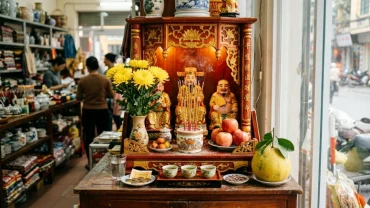 Mâm lễ chuẩn bị đọc văn khấn rằm tháng 7 thần tài tại cửa hàng kinh doanh