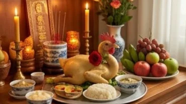 Mâm lễ tươm tất dâng lên bàn thờ cùng bài văn khấn rằm tháng Giêng gia tiên chuẩn truyền thống