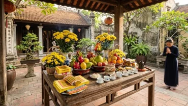 Mâm cúng chay tịnh được bày biện trang nghiêm phục vụ nghi thức đọc văn khấn rằm tháng giêng ngoài trời