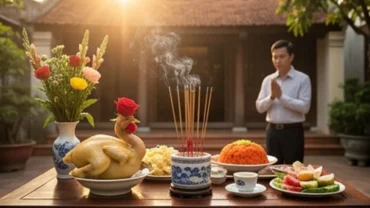 Gia chủ chuẩn bị mâm lễ và đọc văn khấn rằm tháng giêng ngoài trời trước sân nhà thanh tịnh
