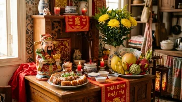 Mâm lễ cúng mặn tươm tất bên bàn thờ và bài văn khấn rằm tháng giêng thần tài cầu tài lộc
