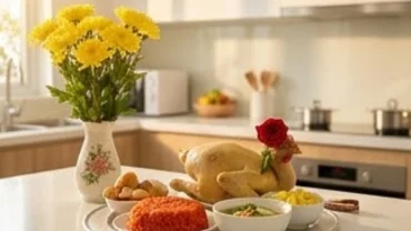 Mâm cúng rước ông Táo về nhà ngày Tết với đầy đủ xôi gấc, gà luộc và hoa tươi
