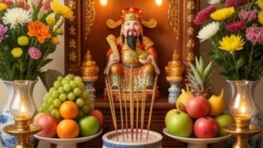 Gia chủ đọc văn khấn rút chân nhang bát hương Thần Tài trước mâm lễ vật trang nghiêm